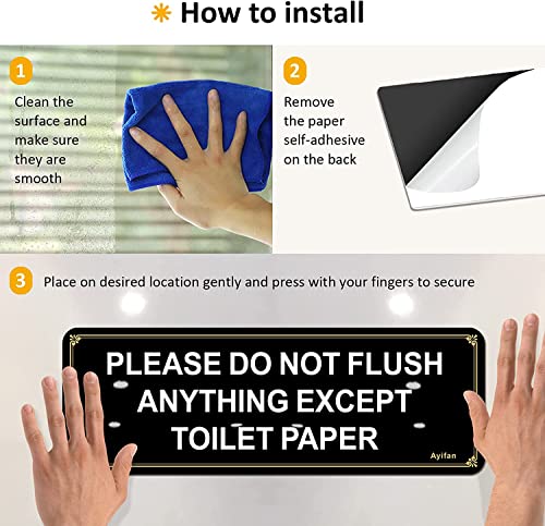 Ayifan 4 Pack Do Not Flush Feminine Products Sign for Bathroom - "Please Do Not Flush Anything Except Toilet Paper" | Self-Adhesive Acrylic 9"x3" Black Gold Sign | Clog Prevention for Home/Restaurant/Office - Image 5