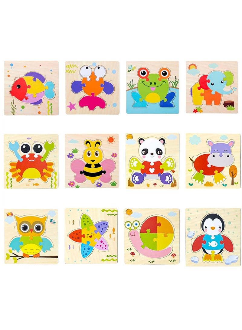 Wooden Puzzle 12 Pack Jigsaw Toddler Puzzles 3D Animal Color Shape Early Learning Educational Gift Set - Image 1