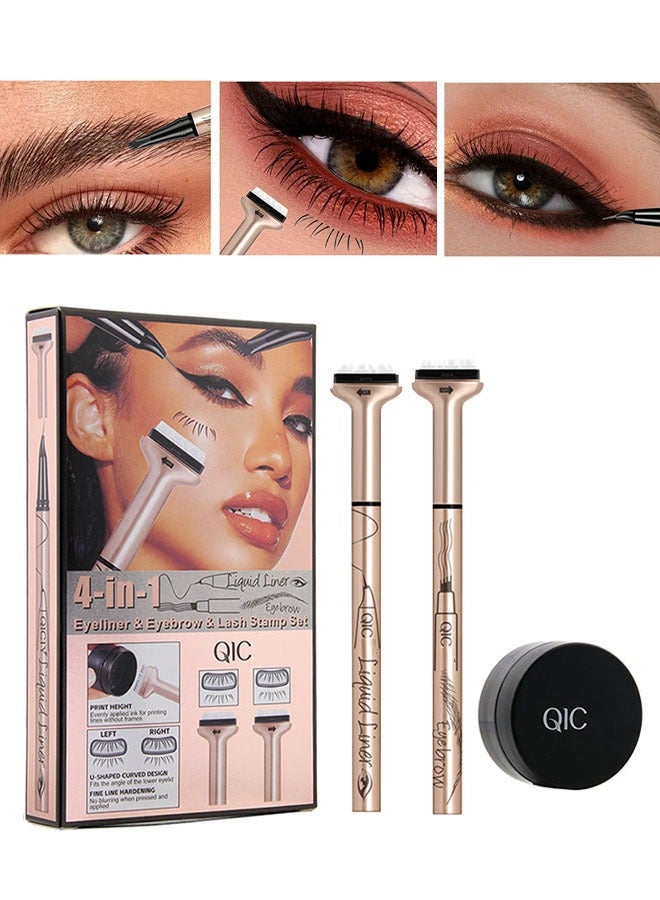 كيو اي سي ٤- مجموعة طقم محدد العيون والحواجب ورسم الرموش، ختم الرموش السفلية، قلم تحديد العيون السائل ذو الرأس المزدوج بحبر أسود مقاوم للماء والعرق، مجموعة ختم الرموش السفلية القابلة لإعادة الاستخدام، أدوات مكياج العيون السريعة #٠١ أسود - Image 1