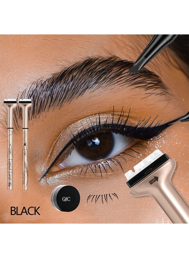 كيو اي سي ٤- مجموعة طقم محدد العيون والحواجب ورسم الرموش، ختم الرموش السفلية، قلم تحديد العيون السائل ذو الرأس المزدوج بحبر أسود مقاوم للماء والعرق، مجموعة ختم الرموش السفلية القابلة لإعادة الاستخدام، أدوات مكياج العيون السريعة #٠١ أسود - Image 2