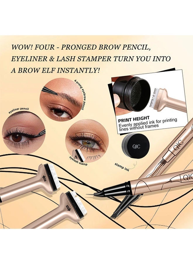 كيو اي سي ٤- مجموعة طقم محدد العيون والحواجب ورسم الرموش، ختم الرموش السفلية، قلم تحديد العيون السائل ذو الرأس المزدوج بحبر أسود مقاوم للماء والعرق، مجموعة ختم الرموش السفلية القابلة لإعادة الاستخدام، أدوات مكياج العيون السريعة #٠١ أسود - Image 4