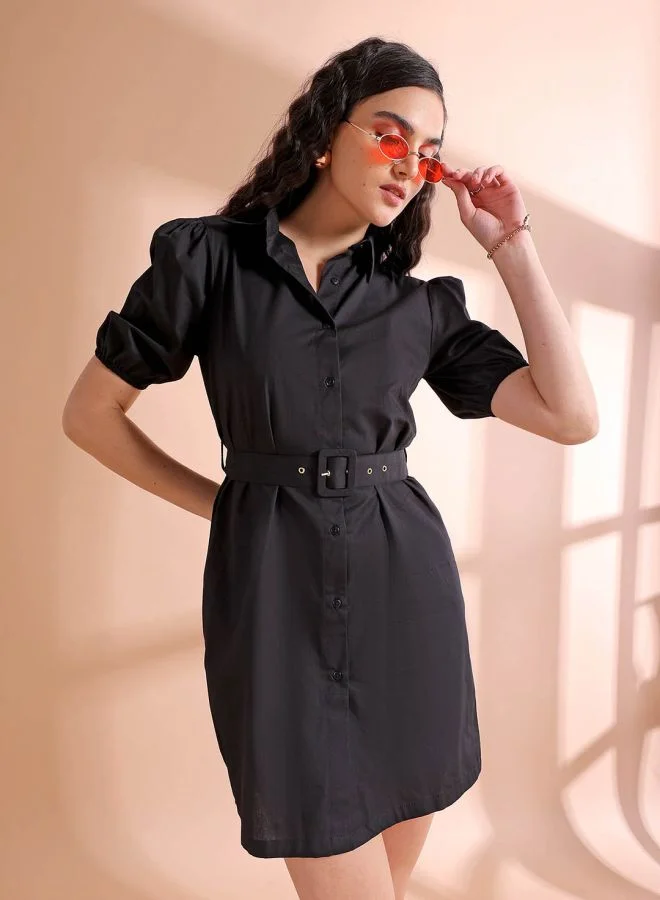 مرفوعة Women Fitted Casual Solid Shirt Dress