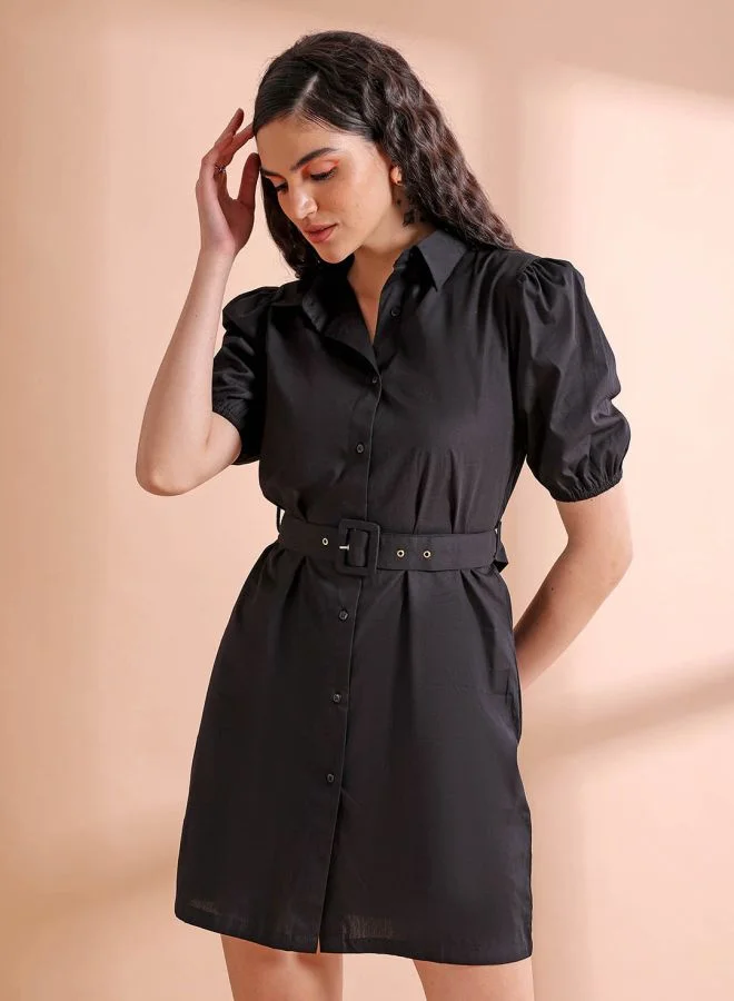 مرفوعة Women Fitted Casual Solid Shirt Dress