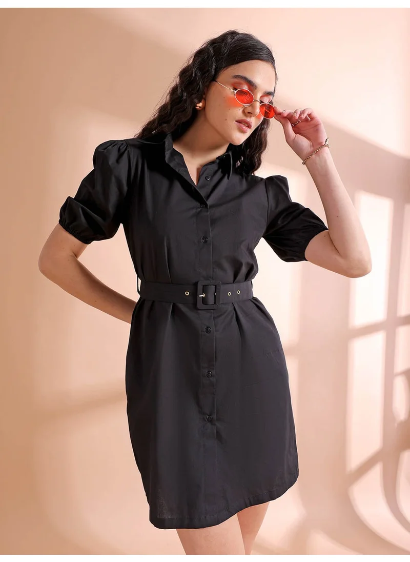 مرفوعة Women Casual Fitted Solid Plain Collared Neck Shirt Dress