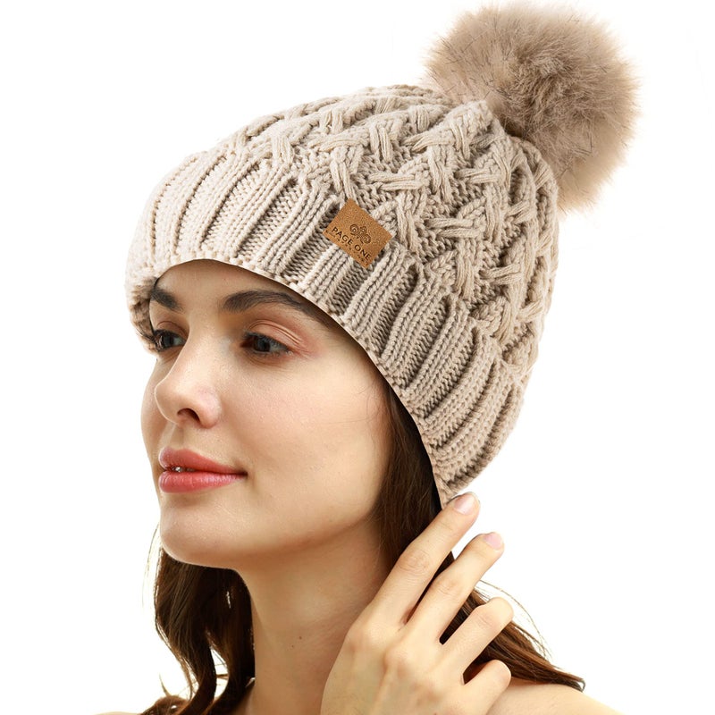 PAGE ONE Womens Winter Ribbed Beanie Crossed Cap Chunky Cable Knit Pompom Soft Warm Hat Oatmeal - Image 2