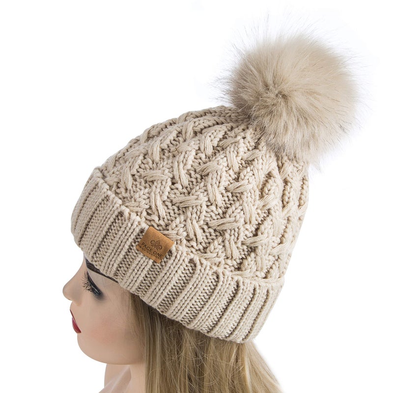 PAGE ONE Womens Winter Ribbed Beanie Crossed Cap Chunky Cable Knit Pompom Soft Warm Hat Oatmeal - Image 3