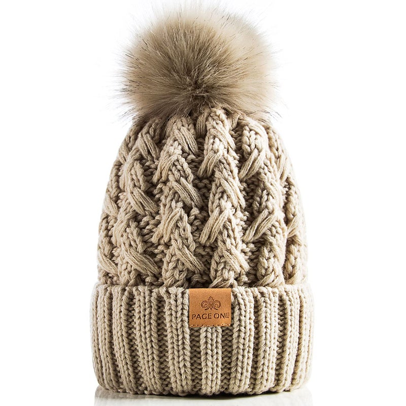 PAGE ONE Womens Winter Ribbed Beanie Crossed Cap Chunky Cable Knit Pompom Soft Warm Hat Oatmeal - Image 1