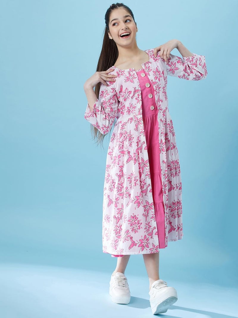 Pspeaches Girls Fit and Flare Tiered Cotton Midi Dress with Shrug (Pink-12-13Y) - Image 1