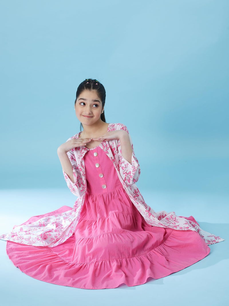 Pspeaches Girls Fit and Flare Tiered Cotton Midi Dress with Shrug (Pink-12-13Y) - Image 5