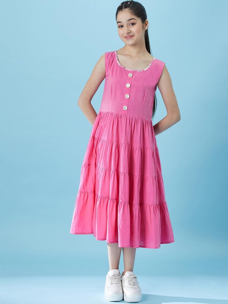 Pspeaches Girls Fit and Flare Tiered Cotton Midi Dress with Shrug (Pink-12-13Y) - Image 3