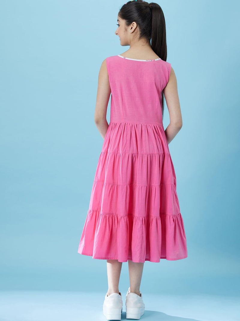 Pspeaches Girls Fit and Flare Tiered Cotton Midi Dress with Shrug (Pink-12-13Y) - Image 4