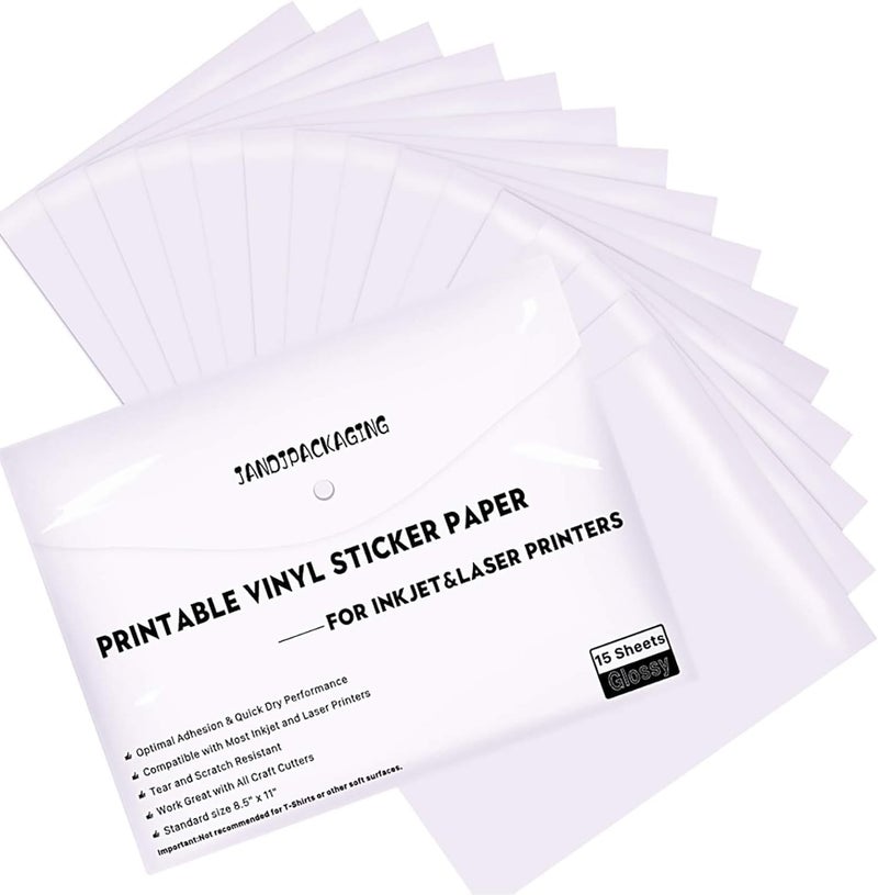 JANDJPACKAGING Printable Vinyl Sticker Paper - Waterproof Printable Vinyl for Laser & Inkjet Printer 15 Self-Adhesive Sheets - Glossy White - Standard Letter Size 8.5"x11" - Image 1
