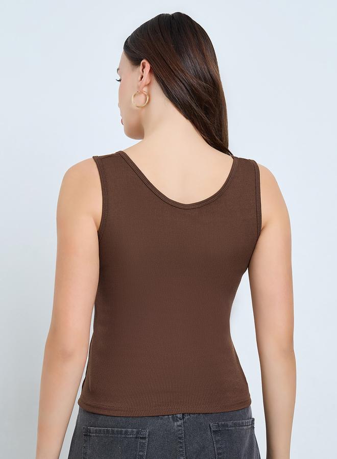 Styli Brown Ribbed Square Neck Cami Top - Image 4