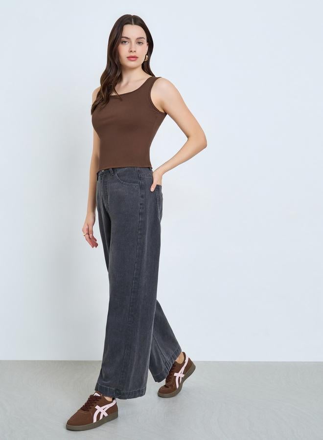 Styli Brown Ribbed Square Neck Cami Top - Image 2