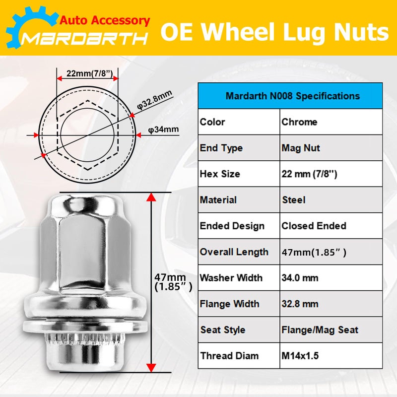 Mardarth Set of 20, 14x1.5mm OEM Style Factory 1.85 Inch 7/8 22mm Hex Mag Washer Lug Nuts Compatible with Sequoia Landcruiser Tundra Lexus LX - Image 2