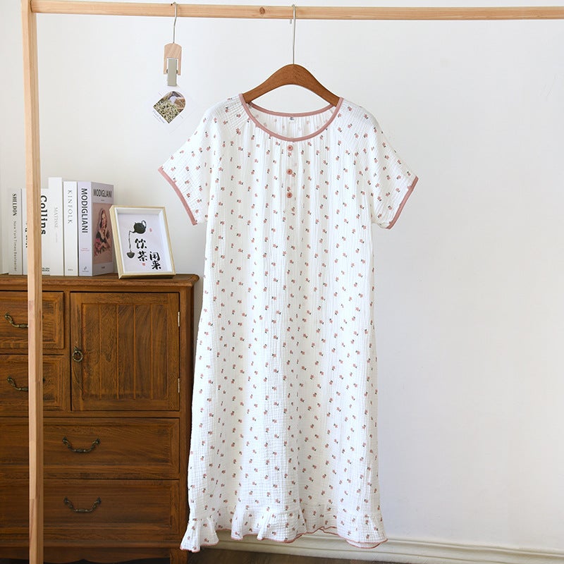 Women'S Cotton Double-Layer Gauze Baby'S Cotton Nightdress Short-Sleeved Plus Size Loose Thin Cotton Home Clothes - Image 1