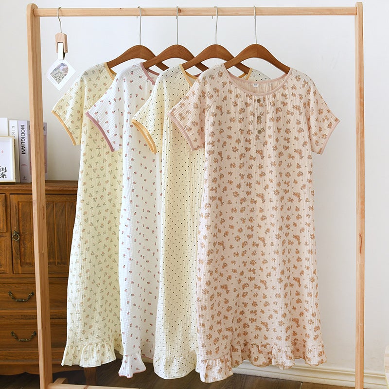 Women'S Cotton Double-Layer Gauze Baby'S Cotton Nightdress Short-Sleeved Plus Size Loose Thin Cotton Home Clothes - Image 2