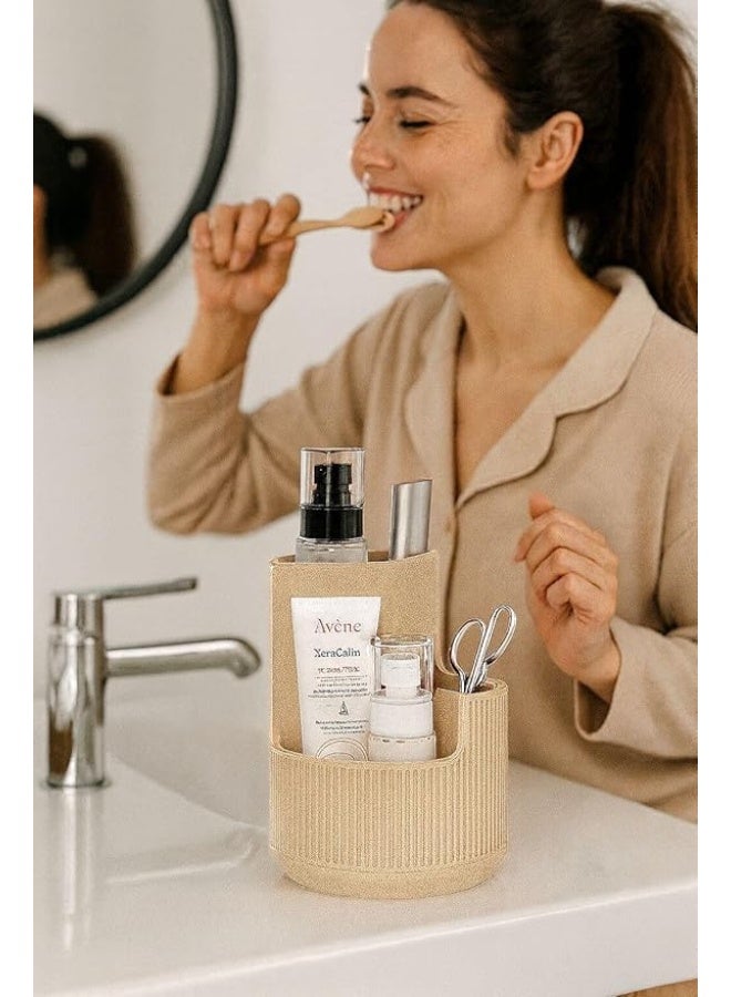 منظم متعدد الأغراض للحمام والمكياج، حامل فرشاة أسنان ومستحضرات تجميل لسطح الطاولة، أسود، بلاستيك عالي الجودة (بيج) - Image 3