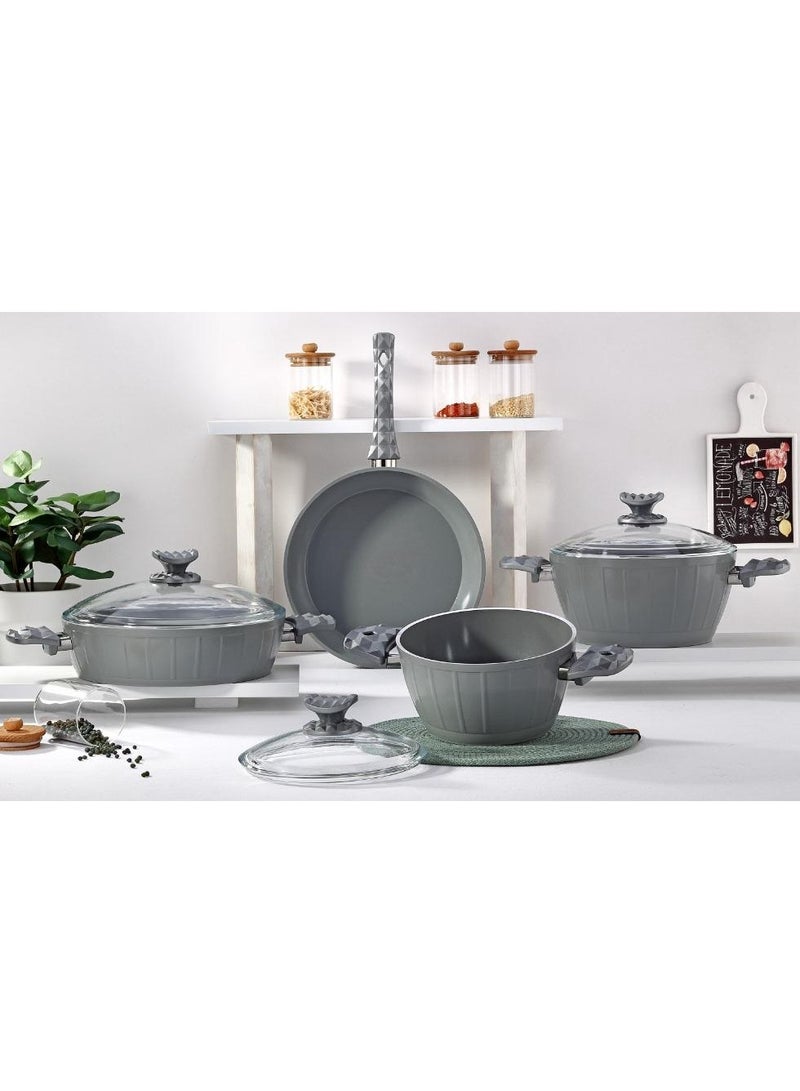 Homemaker 7-Piece Farah Cookware Set - Tempered Glass Lids - 2 Deep Pots - 1 Low Pot - 1 Frypan - Non-Stick Ceramic Surface - PFOA Free - Grey - Image 1