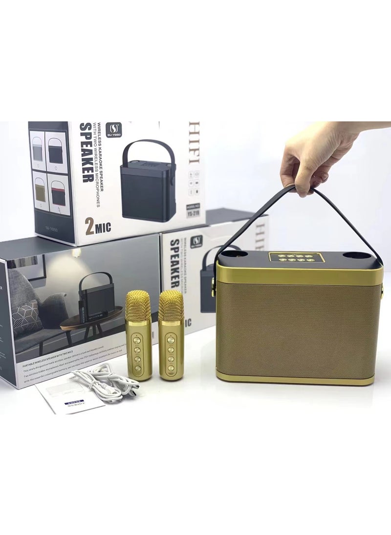 YS YS-219 Bluetooth Karaoke Speaker System with Dual Wireless Microphones – Gold Portable Outdoor Audio System with Powerful Bass, Echo & Vocal Effects, USB & TF Card Support, AUX Input, and Rechargeable Battery – Perfect for Parties, Gatherings, Picnics & Events  - Image 4