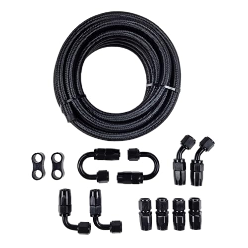 LLNSEAUTO 8AN 20FT Fuel Line Kit Nylon Braided Fuel Line Hose Fitting Kit Nylon Stainless Steel Braided CPE Fuel Oil Hose w 10PCS Swivel Fitting Adapter Black - Image 1