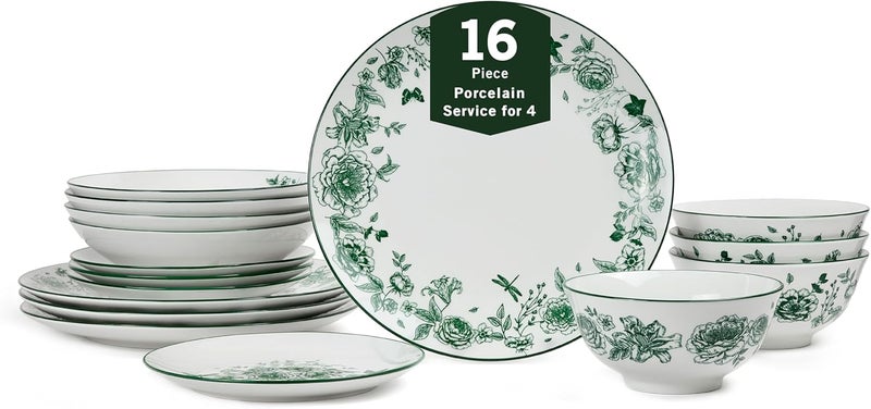 Stone Lain Esme 16Piece Dinnerware Set Porcelain Plates and Bowls Set Dish Set for 4 Cereal and Pasta Bowls Microwave and Dishwasher Safe Green - Image 1