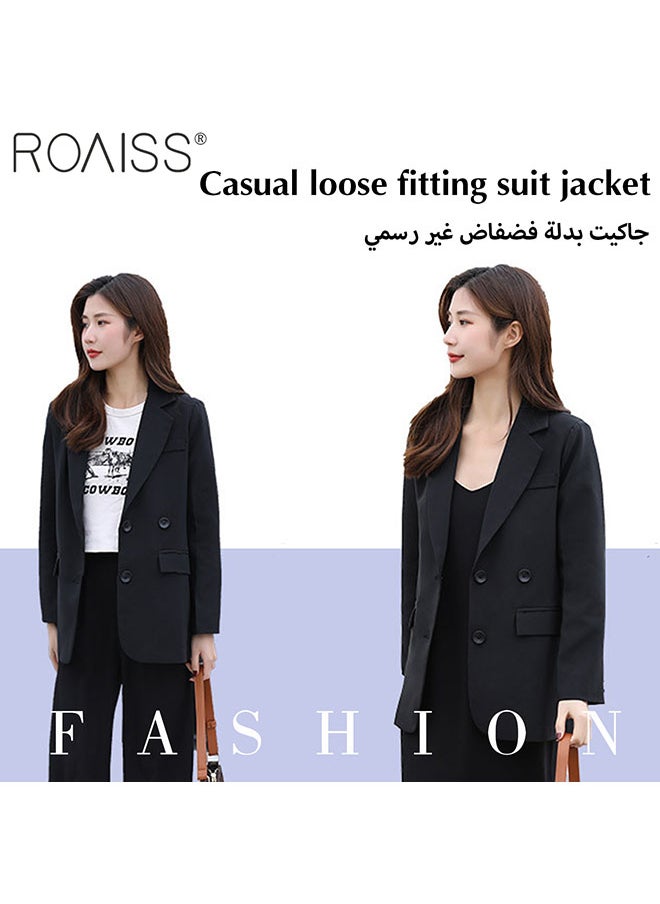 roaiss سترة نسائية كاجوال فضفاضة كلاسيكية برقبة على شكل حرف V متعددة الاستخدامات وجيوب جانبية مع زر إغلاق في الأعلى  - Image 2