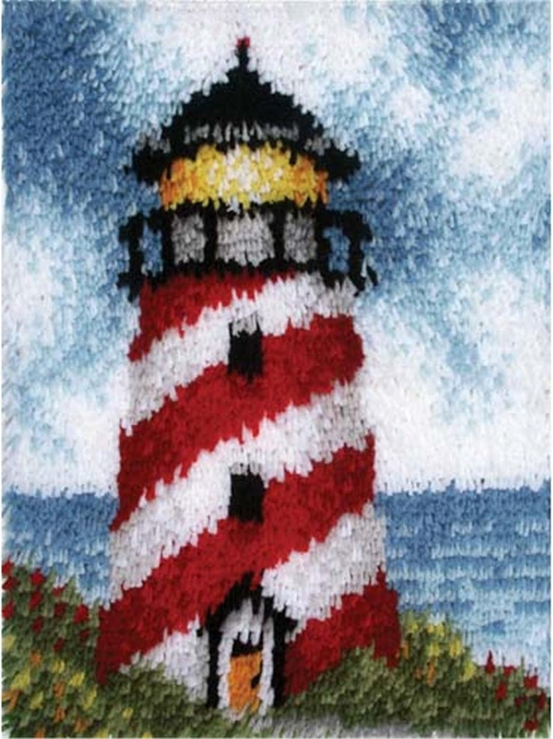 LUBOT 21" X 15" Lighthouse Latch Hook Kits for Adults Rug Pillow Cover with Printed Canvas Pattern Crochet Kit for Beginners - Image 1