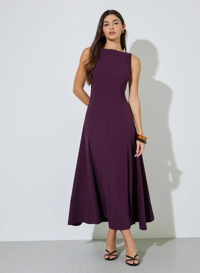 Purple Solid Sleeveless Boat Neck A-Line Maxi Dress