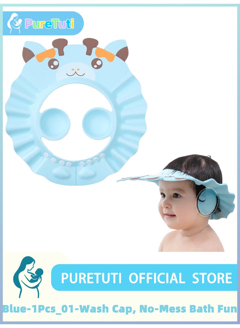 PureTuti Adjustable Soft Baby Shower Cap for Kids Blue, Protective Visor Hat with Eyes Ears and Face Shield, Safe Bathing Shower Cap for Everyday Use and Gift - Image 1