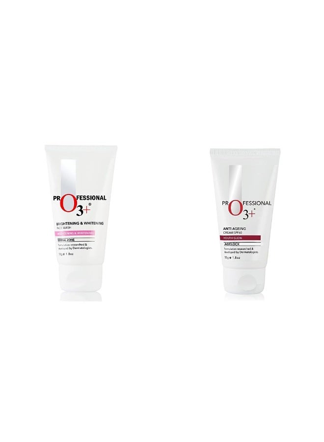 O3+ Brightening and Whitening Face Wash, 50g & O3+ Agelock Anti Ageing Cream Spf-60,50 Gm Comboc - Image 1