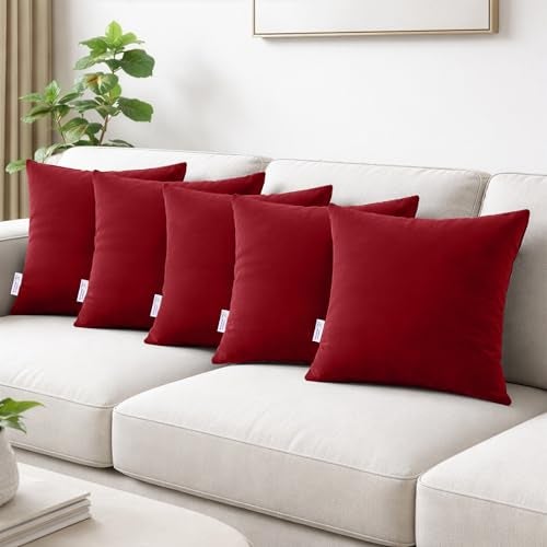 MY ARMOR Microfibre Cushion for Sofa | Set of 5 Soft & Fluffy Square Sofa Cushions | Decorative Sofa Pillows for Bed, Chair, Car & Living Room | Velvet Cover | Maroon | 16 x 16 Inch - Image 1