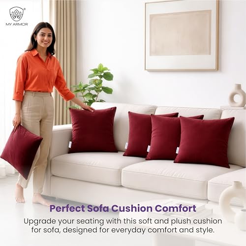 MY ARMOR Microfibre Cushion for Sofa | Set of 5 Soft & Fluffy Square Sofa Cushions | Decorative Sofa Pillows for Bed, Chair, Car & Living Room | Velvet Cover | Maroon | 16 x 16 Inch - Image 2