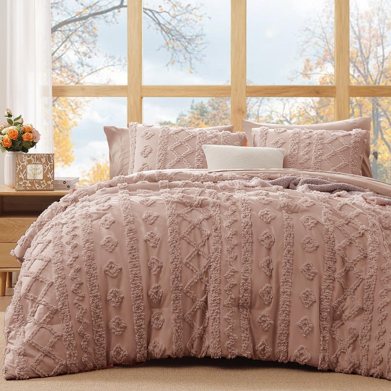 WRENSONGE Full Size Comforter Set with Sheets - 7 Pieces Rusty Pink Tufted Bed in a Bag Full Shabby Chic Bedding Sets with 1 Comforter, 2 Sheets, 2 Pillowcases & 2 Shams - Image 1