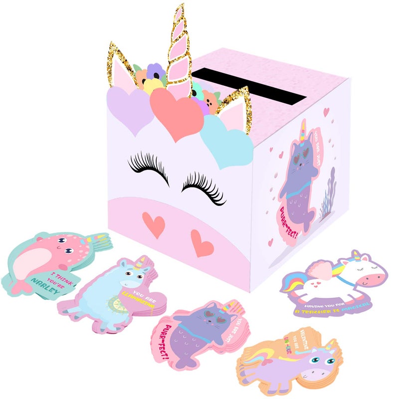 ORIENTAL CHERRY Valentines Day Gifts for Kids - Valentines Day Cards for Kids School - Unicorn Valentine Boxes with 36 Cards for Boys Girls Classroom Exchange Class Gifts Party Favors(32 Valentine's Card/4 Teacher Card) - Image 1