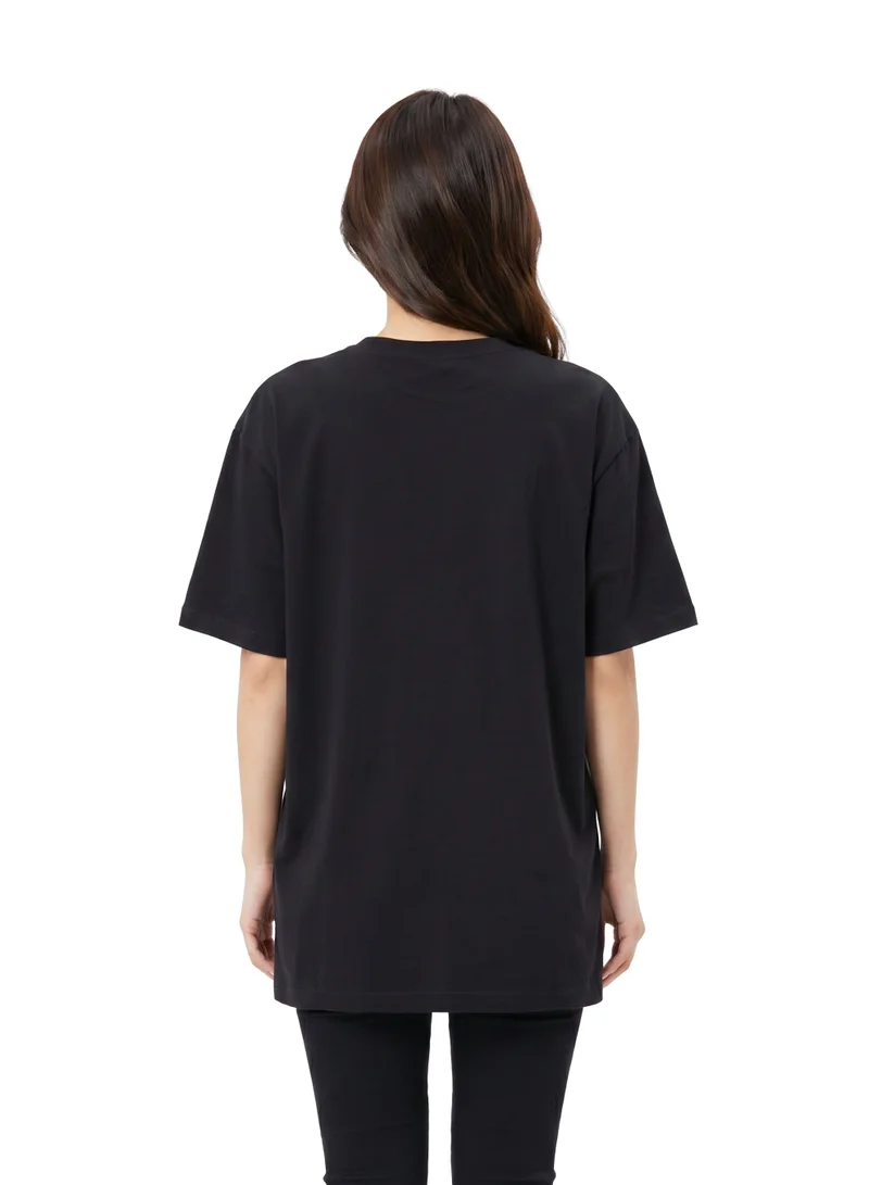 ديزني Disney Stitch & Angel Women’s Oversized Drop Shoulder Graphic T-Shirt – Black Casual Relaxed Fit Tee