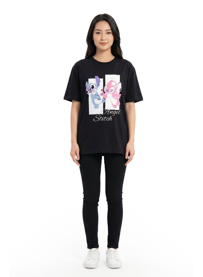Disney Stitch & Angel Women’s Oversized Drop Shoulder Graphic T-Shirt – Black Casual Relaxed Fit Tee - Image 4