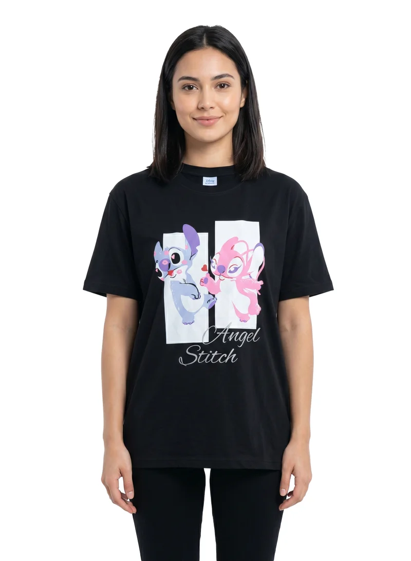 ديزني Disney Stitch & Angel Women’s Oversized Drop Shoulder Graphic T-Shirt – Black Casual Relaxed Fit Tee