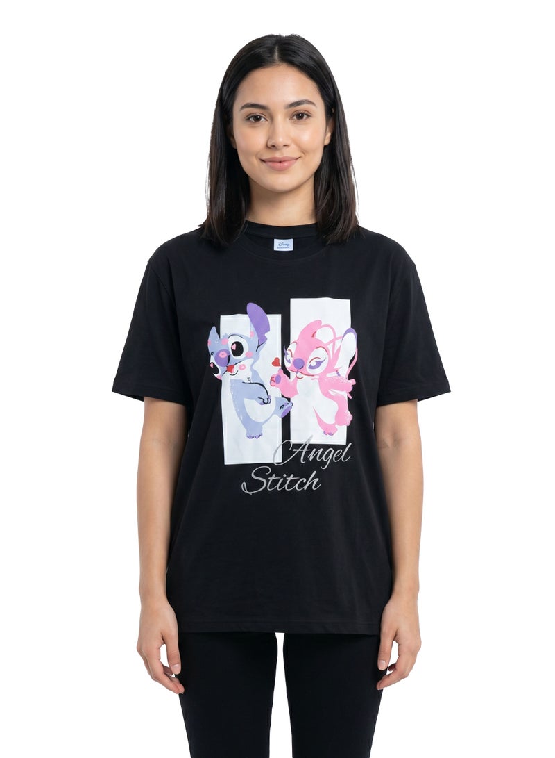 Disney Stitch & Angel Women’s Oversized Drop Shoulder Graphic T-Shirt – Black Casual Relaxed Fit Tee - Image 1