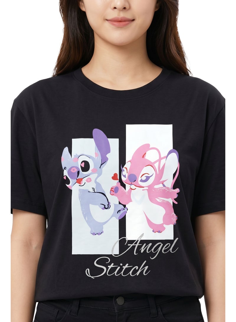 Disney Stitch & Angel Women’s Oversized Drop Shoulder Graphic T-Shirt – Black Casual Relaxed Fit Tee - Image 3