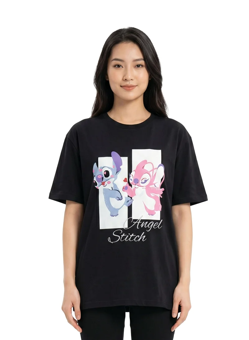 ديزني Disney Stitch & Angel Women’s Oversized Drop Shoulder Graphic T-Shirt – Black Casual Relaxed Fit Tee