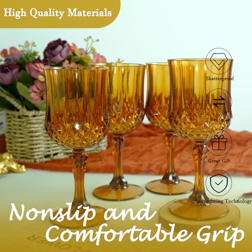 LEYIQU Plastic Wine Glasses，Plastic Goblets Vintage Style Cordial Drinking Glasses for Wedding Reception, Grand Event Party Supplies (24, Amber) - Image 5