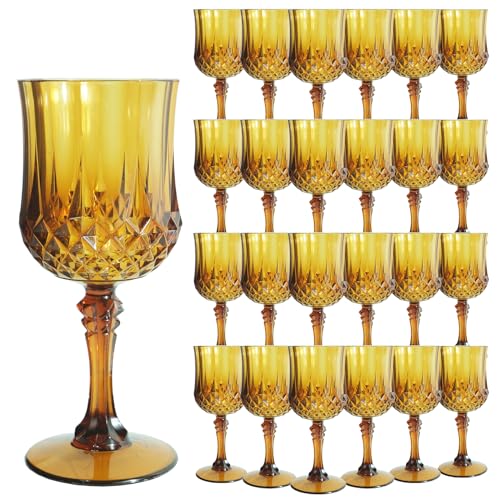 LEYIQU Plastic Wine Glasses，Plastic Goblets Vintage Style Cordial Drinking Glasses for Wedding Reception, Grand Event Party Supplies (24, Amber) - Image 1