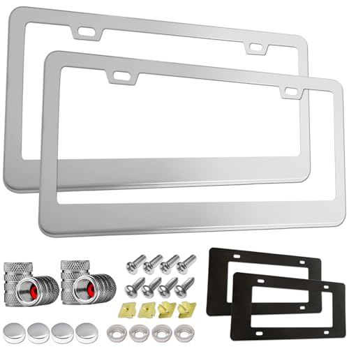 Aootf Stainless Steel License Plate Frames- Heavy Duty Polish Mirror Car Tag Cover with Chrome Screw Caps, 2 Hole 2 Pack Front & Rear Holders for Women/Men, Tire Valve Caps, Rattle Proof Pads - Image 1