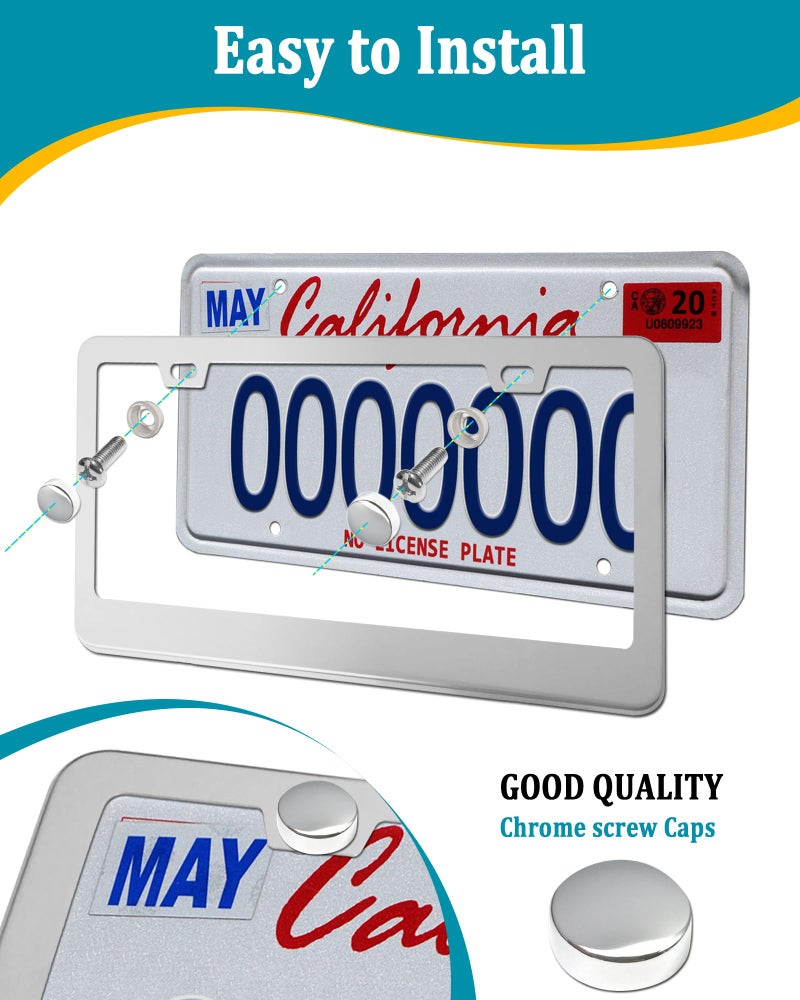 Aootf Stainless Steel License Plate Frames- Heavy Duty Polish Mirror Car Tag Cover with Chrome Screw Caps, 2 Hole 2 Pack Front & Rear Holders for Women/Men, Tire Valve Caps, Rattle Proof Pads - Image 4