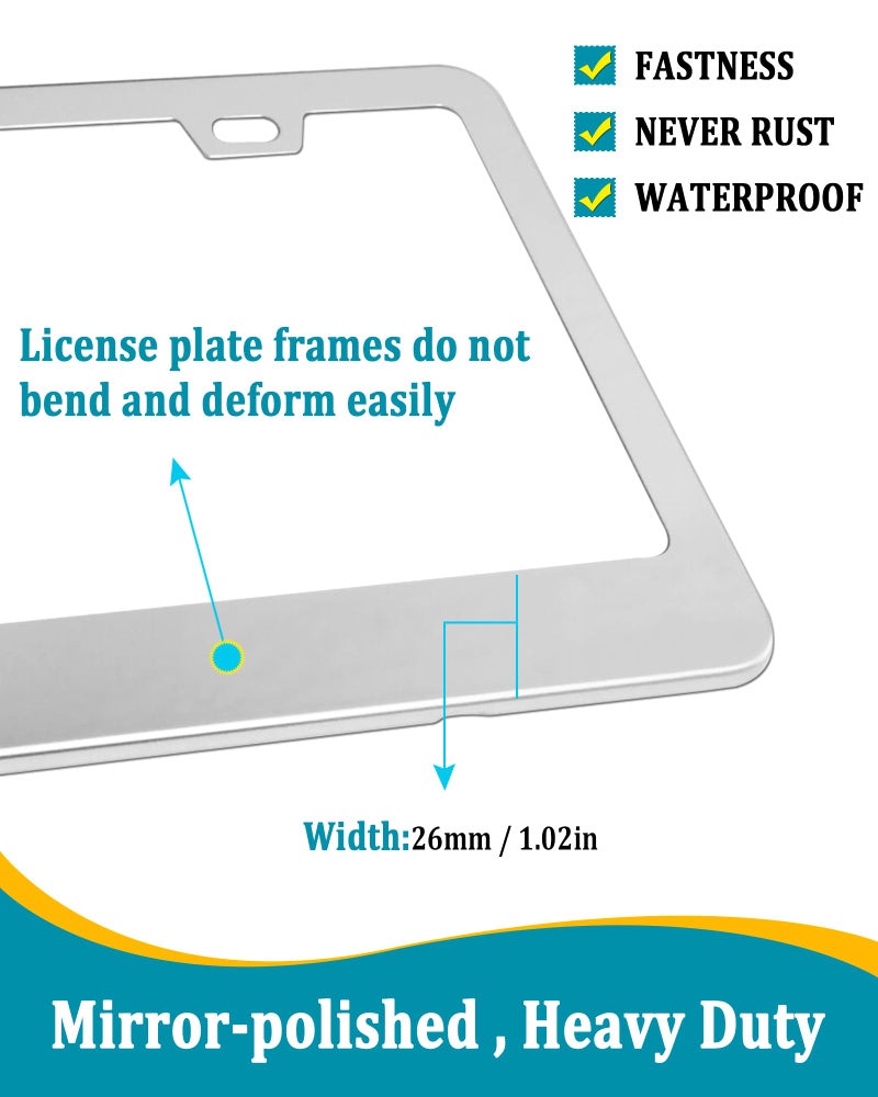 Aootf Stainless Steel License Plate Frames- Heavy Duty Polish Mirror Car Tag Cover with Chrome Screw Caps, 2 Hole 2 Pack Front & Rear Holders for Women/Men, Tire Valve Caps, Rattle Proof Pads - Image 3