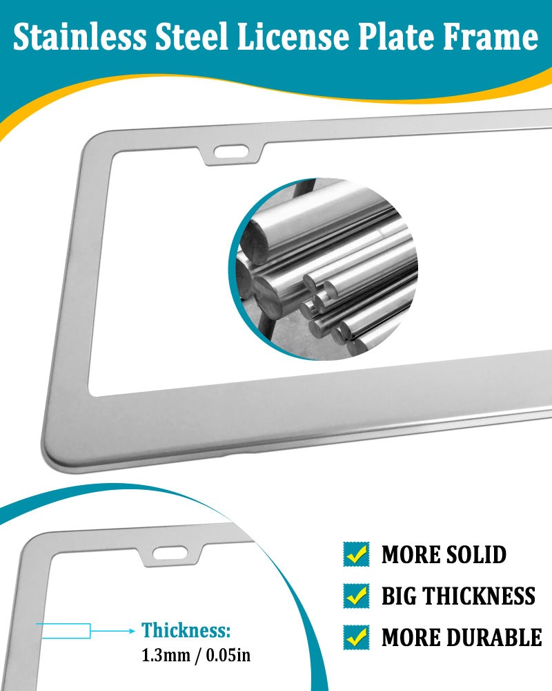 Aootf Stainless Steel License Plate Frames- Heavy Duty Polish Mirror Car Tag Cover with Chrome Screw Caps, 2 Hole 2 Pack Front & Rear Holders for Women/Men, Tire Valve Caps, Rattle Proof Pads - Image 2