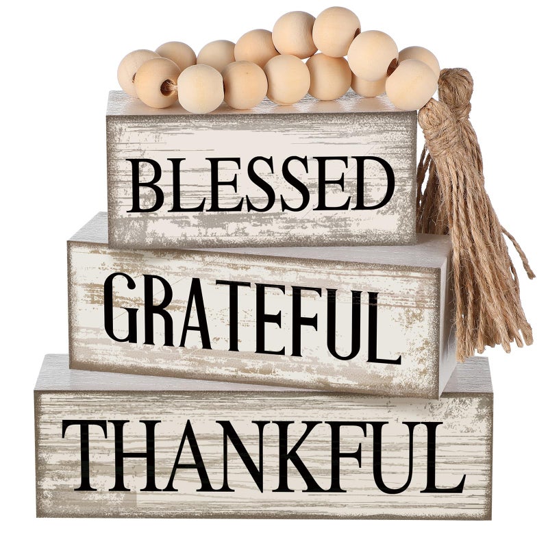 Yuntau 4 Pcs Farmhouse Wooden Tabletop Decor Neutral Farmhouse Tiered Tray Decor Rustic Retro Wood Bead Garland Blessed Grateful Thankful Block Sign Centerpiece for Coffee Home Office Shelf Mantle Table - Image 1