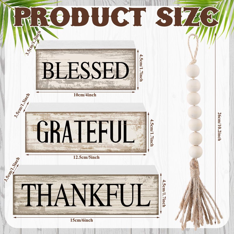 Yuntau 4 Pcs Farmhouse Wooden Tabletop Decor Neutral Farmhouse Tiered Tray Decor Rustic Retro Wood Bead Garland Blessed Grateful Thankful Block Sign Centerpiece for Coffee Home Office Shelf Mantle Table - Image 5
