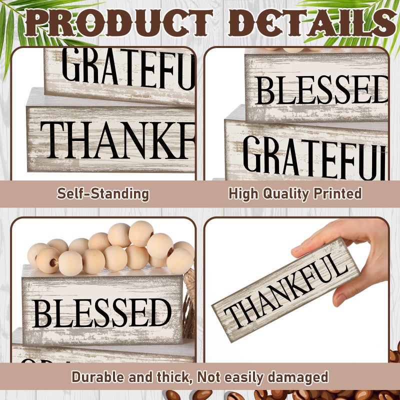 Yuntau 4 Pcs Farmhouse Wooden Tabletop Decor Neutral Farmhouse Tiered Tray Decor Rustic Retro Wood Bead Garland Blessed Grateful Thankful Block Sign Centerpiece for Coffee Home Office Shelf Mantle Table - Image 4